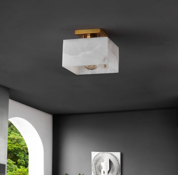 Alessia 1-Light Modern Contemporary Alabaster/Iron Cube LED Semi Flush Mount - JONATHAN Y